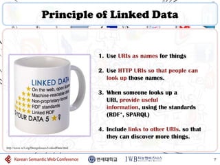 Principle of Linked Data


                                                 1. Use URIs as names for things

                                                 2. Use HTTP URIs so that people can
                                                    look up those names.

                                                 3. When someone looks up a
                                                    URI, provide useful
                                                    information, using the standards
                                                    (RDF*, SPARQL)

                                                 4. Include links to other URIs. so that
                                                    they can discover more things.
http://www.w3.org/DesignIssues/LinkedData.html


                                                                                           7
 