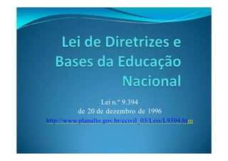 Lei n.º 9.394
de 20 de dezembro de 1996
http://www.planalto.gov.br/ccivil_03/Leis/L9394.htm
 