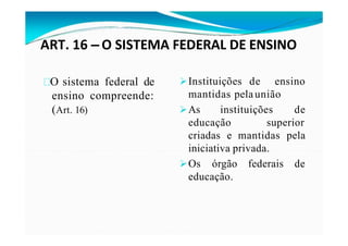 ART. 16 – O SISTEMA FEDERAL DE ENSINO
O sistema federal de
ensino compreende:
(Art. 16)
Instituições de ensino
mantidas pelaunião
As instituições de
educação superior
criadas e mantidas pela
iniciativa privada.
Os órgão federais de
educação.
 