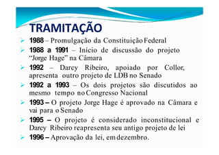 TRAMITAÇÃO
 1988 – Promulgação da ConstituiçãoFederal
 1988 a 1991 – Início de discussão do projeto
“Jorge Hage” na Câmara
 1992 – Darcy Ribeiro, apoiado por Collor,
apresenta outro projeto de LDB no Senado
 1992 a 1993 – Os dois projetos são discutidos ao
mesmo tempo no Congresso Nacional
 1993 – O projeto Jorge Hage é aprovado na Câmara e
vai para o Senado
 1995 – O projeto é considerado inconstitucional e
Darcy Ribeiro reapresenta seu antigo projeto de lei
 1996 – Aprovação da lei, emdezembro.
 