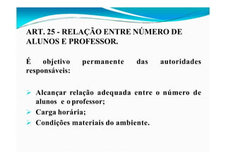 ART. 25 - RELAÇÃO ENTRE NÚMERO DE
ALUNOS E PROFESSOR.
É objetivo permanente das autoridades
responsáveis:
 Alcançar relação adequada entre o número de
alunos e o professor;
 Carga horária;
 Condições materiais do ambiente.
 