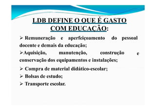 LDB DEFINE O QUE É GASTO
COM EDUCAÇÃO:
 Remuneração e aperfeiçoamento do pessoal
docente e demais da educação;
e
Aquisição, manutenção, construção
conservação dos equipamentos e instalações;
 Compra de material didático-escolar;
 Bolsas de estudo;
 Transporte escolar.
 