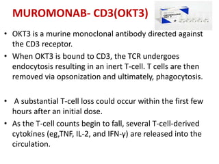 MUROMONAB- CD3(OKT3)
• OKT3 is a murine monoclonal antibody directed against
the CD3 receptor.
• When OKT3 is bound to CD3, the TCR undergoes
endocytosis resulting in an inert T-cell. T cells are then
removed via opsonization and ultimately, phagocytosis.
• A substantial T-cell loss could occur within the first few
hours after an initial dose.
• As the T-cell counts begin to fall, several T-cell-derived
cytokines (eg,TNF, IL-2, and IFN-γ) are released into the
circulation.
 