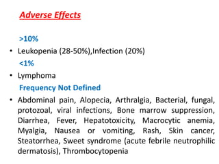 Adverse Effects
>10%
• Leukopenia (28-50%),Infection (20%)
<1%
• Lymphoma
Frequency Not Defined
• Abdominal pain, Alopecia, Arthralgia, Bacterial, fungal,
protozoal, viral infections, Bone marrow suppression,
Diarrhea, Fever, Hepatotoxicity, Macrocytic anemia,
Myalgia, Nausea or vomiting, Rash, Skin cancer,
Steatorrhea, Sweet syndrome (acute febrile neutrophilic
dermatosis), Thrombocytopenia
 