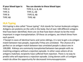 If your blood type is: You can donate to these blood type:
TYPE O TYPE O, A, B, AB
TYPE A TYPE A, AB
TYPE B TYPE B, AB
TYPE AB TYPE AB
HLA Typing
HLA typing is also called “tissue typing”. HLA stands for human leukocyte antigen.
Antigens are proteins on the cells in the body. Out of over 100 different antigens
that have been identified, there are six that have been shown to be the most
important in organ transplantation. Of these six antigens, we inherit three from
each parent.
Except in cases of identical twins and some siblings, it is rare to get a six-antigen
match between two people, especially if they are unrelated. The chance of a
perfect or six-antigen match between two unrelated people is about one in
100,000. Kidneys are commonly transplanted between two people with no
matching antigens without a rejection episode. In other cases where all six
antigens matched, recipients have suffered from rejection. There is no way to
predict who will experience a rejection episode. Living donors with a 6 antigen
match do allow the opportunity for decreased immunosuppression.
 