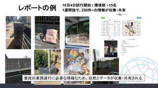 レポートの例
10月4日試行開始 / 環境部 ~15名
1週間強で、250件~の情報が収集・共有
普段の業務遂行に必要な情報なため、自然とデータが収集・共有される
 