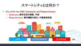 スマートシティとは何か？
• City which has A&R: Awareness and Responsiveness
– Awareness: 都市状況の理解、予測
– Responsiveness: 都市機能の変化、行動変容促進
LIFE ENVIRONMENT ECONOMY etc..
 