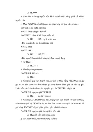 Có TK 009
+ Nếu đầu tư bằng nguồn vốn kinh doanh thì không phải kết chỉnh
nguồn vốn
c. Mua TSCĐHH cần thời gian lắp đặt trước khi đưa vào sử dụng:
Bút toán1: giá trị tài sản mua
Nợ TK 2411: chi phí thực tế
Nợ TK1332: thuế VAT được khấu trừ
Có TK 111, 112…: giá trị tài sản
- Bút toán 2: chi phí lắp đặt (nếu có)
Nợ TK 2411
Nợ TK 133
Có TK 111, 112, 331…
- Bút toán 3: hoàn thành bàn giao đưa vào sử dụng
+ Nợ TK 211
Có TK 2411
+ Kết chuyển nguồn vốn
Nợ TK 414, 441, 431
Có TK 411
d. Nhận vốn góp liên doanh của các đơn vị khác bằng TSCĐHH: căn cứ
giá trị tài sản được các bên tham gia liên doanh đánh giá và các chi phí
khác( nếu có), kế toán tính toán nguyên giá của TSCĐHH và ghi sổ:
Nợ TK 211: nguyên giá TSCĐHH
Có TK 411: giá trị vốn góp
e. Nhận lại TSCĐHH trước đây đã góp vốn liên doanh với đơn vị khác,
căn cứ vào giá trị TSCĐHH do hai bên liên doanh đánh giá khi trao trả để
ghi tăng TSCĐHH và ghi giảm giá trị góp vốn liên doanh
Nợ TK 211: nguyên giá( theo giá trị còn lại)
Có TK 222: vốn góp liên doanh
g. TSCĐHH thừa phát hiện trong kiểm kê
 