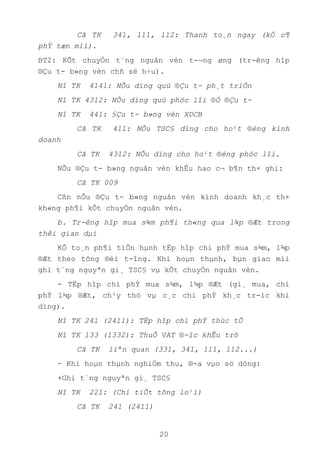 20
Cã TK 341, 111, 112: Thanh to¸n ngay (kÓ c¶
phÝ tæn míi).
BT2: KÕt chuyÓn t¨ng nguån vèn t-¬ng øng (tr-êng hîp
®Çu t- b»ng vèn chñ së h÷u).
Nî TK 4141: NÕu dïng quü ®Çu t- ph¸t triÓn
Nî TK 4312: NÕu dïng quü phóc lîi ®Ó ®Çu t-
Nî TK 441: §Çu t- b»ng vèn XDCB
Cã TK 411: NÕu TSC§ dïng cho ho¹t ®éng kinh
doanh
Cã TK 4312: NÕu dïng cho ho¹t ®éng phóc lîi.
NÕu ®Çu t- b»ng nguån vèn khÊu hao c¬ b¶n th× ghi:
Cã TK 009
Cßn nÕu ®Çu t- b»ng nguån vèn kinh doanh kh¸c th×
kh«ng ph¶i kÕt chuyÓn nguån vèn.
b. Tr-êng hîp mua s¾m ph¶i th«ng qua l¾p ®Æt trong
thêi gian dµi
KÕ to¸n ph¶i tiÕn hµnh tËp hîp chi phÝ mua s¾m, l¾p
®Æt theo tõng ®èi t-îng. Khi hoµn thµnh, bµn giao míi
ghi t¨ng nguyªn gi¸ TSC§ vµ kÕt chuyÓn nguån vèn.
- TËp hîp chi phÝ mua s¾m, l¾p ®Æt (gi¸ mua, chi
phÝ l¾p ®Æt, ch¹y thö vµ c¸c chi phÝ kh¸c tr-íc khi
dïng).
Nî TK 241 (2411): TËp hîp chi phÝ thùc tÕ
Nî TK 133 (1332): ThuÕ VAT ®-îc khÊu trõ
Cã TK liªn quan (331, 341, 111, 112...)
- Khi hoµn thµnh nghiÖm thu, ®-a vµo sö dông:
+Ghi t¨ng nguyªn gi¸ TSC§
Nî TK 221: (Chi tiÕt tõng lo¹i)
Cã TK 241 (2411)
 
