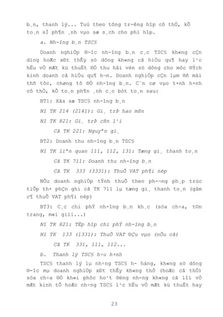 23
b¸n, thanh lý... Tuú theo tõng tr-êng hîp cô thÓ, kÕ
to¸n sÏ ph¶n ¸nh vµo sæ s¸ch cho phï hîp.
a. Nh-îng b¸n TSC§
Doanh nghiÖp ®-îc nh-îng b¸n c¸c TSC§ kh«ng cÇn
dïng hoÆc xÐt thÊy sö dông kh«ng cã hiÖu qu¶ hay l¹c
hËu vÒ mÆt kü thuËt ®Ó thu håi vèn sö dông cho môc ®Ých
kinh doanh cã hiÖu qu¶ h¬n. Doanh nghiÖp cÇn lµm ®ñ mäi
thñ tôc, chøng tõ ®Ó nh-îng b¸n. C¨n cø vµo t×nh h×nh
cô thÓ, kÕ to¸n ph¶n ¸nh c¸c bót to¸n sau:
BT1: Xãa sæ TSC§ nh-îng b¸n
Nî TK 214 (2141): Gi¸ trÞ hao mßn
Nî TK 821: Gi¸ trÞ cßn l¹i
Cã TK 221: Nguyªn gi¸
BT2: Doanh thu nh-îng b¸n TSC§
Nî TK liªn quan 111, 112, 131: Tæng gi¸ thanh to¸n
Cã TK 711: Doanh thu nh-îng b¸n
Cã TK 333 (3331): ThuÕ VAT ph¶i nép
NÕu doanh nghiÖp tÝnh thuÕ theo ph-¬ng ph¸p trùc
tiÕp th× phÇn ghi cã TK 711 lµ tæng gi¸ thanh to¸n (gåm
c¶ thuÕ VAT ph¶i nép)
BT3: C¸c chi phÝ nh-îng b¸n kh¸c (söa ch÷a, t©n
trang, m«i giíi...)
Nî TK 821: TËp hîp chi phÝ nh-îng b¸n
Nî TK 133 (1331): ThuÕ VAT ®Çu vµo (nÕu cã)
Cã TK 331, 111, 112...
b. Thanh lý TSC§ h÷u h×nh
TSC§ thanh lý lµ nh÷ng TSC§ h- háng, kh«ng sö dông
®-îc mµ doanh nghiÖp xÐt thÊy kh«ng thÓ (hoÆc cã thÓ)
söa ch÷a ®Ó kh«i phôc ho¹t ®éng nh-ng kh«ng cã lîi vÒ
mÆt kinh tÕ hoÆc nh÷ng TSC§ l¹c hËu vÒ mÆt kü thuËt hay
 