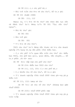 27
Cã TK 111: c¸c chi phÝ kh¸c
- Khi tr¶ tiÒn cho ®¬n vÞ cho thuª, kÕ to¸n ghi
Nî TK 331 (hoÆc 3388)
Cã TK: 111, 112
Ngoµi ra, t¹i ®¬n vÞ ®i thuª cßn theo dâi tµi s¶n
cè ®Þnh thuª ho¹t ®éng trªn TK 001 “Tµi s¶n thuª
ngoµi”.
+ Khi ®i thuª ghi
Nî TK: 001
+ Khi tr¶ ghi
Cã TK: 001
* T¹i ®¬n vÞ cho thuª:
TSC§ cho thuª ho¹t ®éng vÉn thuéc së h÷u cña doanh
nghiÖp nªn hµng th¸ng vÉn ph¶i tÝnh khÊu hao.
- C¸c chi phÝ liªn quan ®Õn viÖc cho thuª nh- khÊu
hao TSC§, chi phÝ m«i giíi, giao dÞch, vËn chuyÓn... kÕ
to¸n ph¶n ¸nh nh- sau:
Nî TK 811: tËp hîp chi phÝ cho thuª
Cã TK 214: KhÊu hao TSC§ cho thuª
Cã TK 111, 112, 331: C¸c chi phÝ kh¸c
- C¸c kho¶n thu vÒ cho thuª, kÕ to¸n ghi
+ T¹i doanh nghiÖp tÝnh thuÕ GTGT theo ph-¬ng ph¸p
khÊu trõ
Nî TK 111, 112: tæng sè thu
Cã TK 711: sè thu vÒ cho thuª (kh«ng bao gåm
thuÕ GTGT)
Cã TK 3331: thuÕ GTGT ph¶i nép
+ T¹i doanh nghiÖp tÝnh thuÕ GTGT theo ph-¬ng ph¸p
trùc tiÕp
 