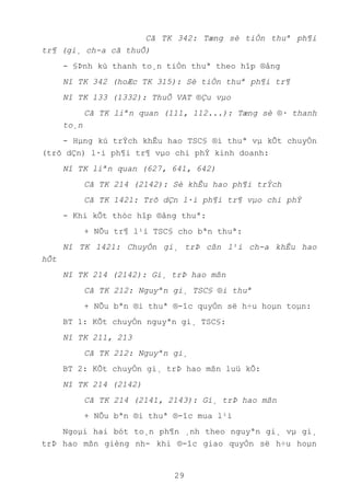 29
Cã TK 342: Tæng sè tiÒn thuª ph¶i
tr¶ (gi¸ ch-a cã thuÕ)
- §Þnh kú thanh to¸n tiÒn thuª theo hîp ®ång
Nî TK 342 (hoÆc TK 315): Sè tiÒn thuª ph¶i tr¶
Nî TK 133 (1332): ThuÕ VAT ®Çu vµo
Cã TK liªn quan (111, 112...): Tæng sè ®· thanh
to¸n
- Hµng kú trÝch khÊu hao TSC§ ®i thuª vµ kÕt chuyÓn
(trõ dÇn) l·i ph¶i tr¶ vµo chi phÝ kinh doanh:
Nî TK liªn quan (627, 641, 642)
Cã TK 214 (2142): Sè khÊu hao ph¶i trÝch
Cã TK 1421: Trõ dÇn l·i ph¶i tr¶ vµo chi phÝ
- Khi kÕt thóc hîp ®ång thuª:
+ NÕu tr¶ l¹i TSC§ cho bªn thuª:
Nî TK 1421: ChuyÓn gi¸ trÞ cßn l¹i ch-a khÊu hao
hÕt
Nî TK 214 (2142): Gi¸ trÞ hao mßn
Cã TK 212: Nguyªn gi¸ TSC§ ®i thuª
+ NÕu bªn ®i thuª ®-îc quyÒn së h÷u hoµn toµn:
BT 1: KÕt chuyÓn nguyªn gi¸ TSC§:
Nî TK 211, 213
Cã TK 212: Nguyªn gi¸
BT 2: KÕt chuyÓn gi¸ trÞ hao mßn luü kÕ:
Nî TK 214 (2142)
Cã TK 214 (2141, 2143): Gi¸ trÞ hao mßn
+ NÕu bªn ®i thuª ®-îc mua l¹i
Ngoµi hai bót to¸n ph¶n ¸nh theo nguyªn gi¸ vµ gi¸
trÞ hao mßn gièng nh- khi ®-îc giao quyÒn së h÷u hoµn
 
