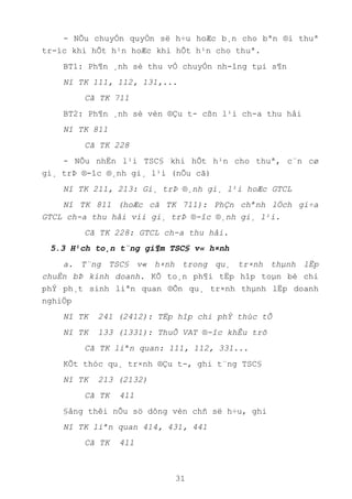 31
- NÕu chuyÓn quyÒn së h÷u hoÆc b¸n cho bªn ®i thuª
tr-íc khi hÕt h¹n hoÆc khi hÕt h¹n cho thuª.
BT1: Ph¶n ¸nh sè thu vÒ chuyÓn nh-îng tµi s¶n
Nî TK 111, 112, 131,...
Cã TK 711
BT2: Ph¶n ¸nh sè vèn ®Çu t- cßn l¹i ch-a thu håi
Nî TK 811
Cã TK 228
- NÕu nhËn l¹i TSC§ khi hÕt h¹n cho thuª, c¨n cø
gi¸ trÞ ®-îc ®¸nh gi¸ l¹i (nÕu cã)
Nî TK 211, 213: Gi¸ trÞ ®¸nh gi¸ l¹i hoÆc GTCL
Nî TK 811 (hoÆc cã TK 711): PhÇn chªnh lÖch gi÷a
GTCL ch-a thu håi víi gi¸ trÞ ®-îc ®¸nh gi¸ l¹i.
Cã TK 228: GTCL ch-a thu håi.
5.3 H¹ch to¸n t¨ng gi¶m TSC§ v« h×nh
a. T¨ng TSC§ v« h×nh trong qu¸ tr×nh thµnh lËp
chuÈn bÞ kinh doanh. KÕ to¸n ph¶i tËp hîp toµn bé chi
phÝ ph¸t sinh liªn quan ®Õn qu¸ tr×nh thµnh lËp doanh
nghiÖp
Nî TK 241 (2412): TËp hîp chi phÝ thùc tÕ
Nî TK 133 (1331): ThuÕ VAT ®-îc khÊu trõ
Cã TK liªn quan: 111, 112, 331...
KÕt thóc qu¸ tr×nh ®Çu t-, ghi t¨ng TSC§
Nî TK 213 (2132)
Cã TK 411
§ång thêi nÕu sö dông vèn chñ së h÷u, ghi
Nî TK liªn quan 414, 431, 441
Cã TK 411
 