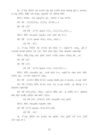 32
b. T¨ng TSC§ v« h×nh do bá tiÒn mua b»ng ph¸t minh,
s¸ng chÕ, ®Æc nh-îng, quyÒn sö dông ®Êt
BT1: Ph¶n ¸nh nguyªn gi¸ TSC§ t¨ng thªm
Nî TK 213(2131, 2133, 2138...)
Nî TK 133
Cã TK liªn quan 111, 112,311,331...
BT2: KÕt chuyÓn nguån vèn chñ së h÷u
Nî TK liªn quan 414, 431, 441...
Cã TK 411
c. T¨ng TSC§ v« h×nh do ®Çu t- nghiªn cøu, ph¸t
triÓn nh»m phôc vô lîi Ých l©u dµi cña doanh nghiÖp
BT1: TËp hîp chi phÝ (chi tiÕt theo tõng dù ¸n)
Nî TK 241
Nî TK 133
Cã TK liªn quan 111, 112,331...
BT2: KÕt chuyÓn gi¸ trÞ ®Çu t-, nghiªn cøu khi kÕt
thóc qu¸ tr×nh nghiªn cøu.
Nî TK 2133: NÕu ®-îc c«ng nhËn ph¸t minh, s¸ng chÕ
Nî TK 2134: NÕu ®-îc coi lµ s¸ng kiÕn ¸p dông t¹i
doanh nghiÖp
Nî TK 627,631, 642, 1421: NÕu dù ¸n thÊt b¹i (ph©n
bæ dÇn hoÆc ph©n bæ mét lÇn).
Cã TK 241 (2412) kÕt chuyÓn chi phÝ
BT3: KÕt chuyÓn nguån vèn
Nî TK liªn quan: 414,431,441
Cã TK 411
d. T¨ng TSC§ v« h×nh do ph¶i chi phÝ vÒ lîi thÕ
th-¬ng m¹i
 