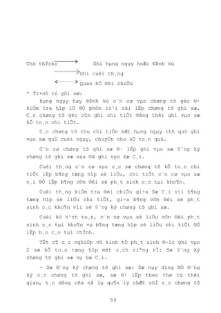 59
Chó thÝch: Ghi hµng ngµy hoÆc ®Þnh kú
Ghi cuèi th¸ng
Quan hÖ ®èi chiÕu
* Tr×nh tù ghi sæ:
Hµng ngµy hay ®Þnh kú c¨n cø vµo chøng tõ gèc ®·
kiÓm tra hîp lÖ ®Ó ph©n lo¹i råi lËp chøng tõ ghi sæ.
C¸c chøng tõ gèc cÇn ghi chi tiÕt ®ång thêi ghi vµo sæ
kÕ to¸n chi tiÕt.
C¸c chøng tõ thu chi tiÒn mÆt hµng ngµy thñ quü ghi
vµo sæ quÜ cuèi ngµy, chuyÓn cho kÕ to¸n quü.
C¨n cø chøng tõ ghi sæ ®· lËp ghi vµo sæ §¨ng ký
chøng tõ ghi sæ sau ®ã ghi vµo Sæ C¸i.
Cuèi th¸ng c¨n cø vµo c¸c sæ chøng tõ kÕ to¸n chi
tiÕt lËp b¶ng tæng hîp sè liÖu, chi tiÕt c¨n cø vµo sæ
c¸i ®Ó lËp b¶ng c©n ®èi sè ph¸t sinh c¸c tµi kho¶n.
Cuèi th¸ng kiÓm tra ®èi chiÕu gi÷a Sæ C¸i víi b¶ng
tæng hîp sè liÖu chi tiÕt, gi÷a b¶ng c©n ®èi sè ph¸t
sinh c¸c kho¶n víi sè §¨ng ký chøng tõ ghi sæ.
Cuèi kú h¹ch to¸n, c¨n cø vµo sè liÖu c©n ®èi ph¸t
sinh c¸c tµi kho¶n vµ b¶ng tæng hîp sè liÖu chi tiÕt ®Ó
lËp b¸o c¸o tµi chÝnh.
TÊt c¶ c¸c nghiÖp vô kinh tÕ ph¸t sinh ®-îc ghi vµo
2 sæ kÕ to¸n tæng hîp mét c¸ch riªng rÏ: Sæ §¨ng ký
chøng tõ ghi sæ vµ Sæ C¸i.
- Sæ ®¨ng ký chøng tõ ghi sæ: Sæ nµy dïng ®Ó ®¨ng
ký c¸c chøng tõ ghi sæ, sæ ®· lËp theo thø tù thêi
gian, t¸c dông cña nã lµ qu¶n lý chÆt chÏ c¸c chøng tõ
 