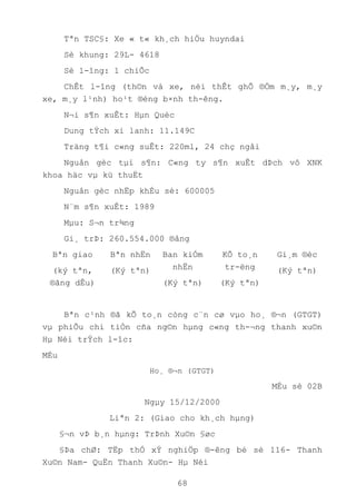 68
Tªn TSC§: Xe « t« kh¸ch hiÖu huyndai
Sè khung: 29L- 4618
Sè l-îng: 1 chiÕc
ChÊt l-îng (th©n vá xe, néi thÊt ghÕ ®Öm m¸y, m¸y
xe, m¸y l¹nh) ho¹t ®éng b×nh th-êng.
N¬i s¶n xuÊt: Hµn Quèc
Dung tÝch xi lanh: 11.149C
Träng t¶i c«ng suÊt: 220ml, 24 chç ngåi
Nguån gèc tµi s¶n: C«ng ty s¶n xuÊt dÞch vô XNK
khoa häc vµ kü thuËt
Nguån gèc nhËp khÈu sè: 600005
N¨m s¶n xuÊt: 1989
Mµu: S¬n tr¾ng
Gi¸ trÞ: 260.554.000 ®ång
Bªn giao
(ký tªn,
®ãng dÊu)
Bªn nhËn
(Ký tªn)
Ban kiÓm
nhËn
(Ký tªn)
KÕ to¸n
tr-ëng
(Ký tªn)
Gi¸m ®èc
(Ký tªn)
Bªn c¹nh ®ã kÕ to¸n còng c¨n cø vµo ho¸ ®¬n (GTGT)
vµ phiÕu chi tiÒn cña ng©n hµng c«ng th-¬ng thanh xu©n
Hµ Néi trÝch l-îc:
MÉu
Ho¸ ®¬n (GTGT)
MÉu sè 02B
Ngµy 15/12/2000
Liªn 2: (Giao cho kh¸ch hµng)
§¬n vÞ b¸n hµng: TrÞnh Xu©n §øc
§Þa chØ: TËp thÓ xÝ nghiÖp ®-êng bé sè 116- Thanh
Xu©n Nam- QuËn Thanh Xu©n- Hµ Néi
 