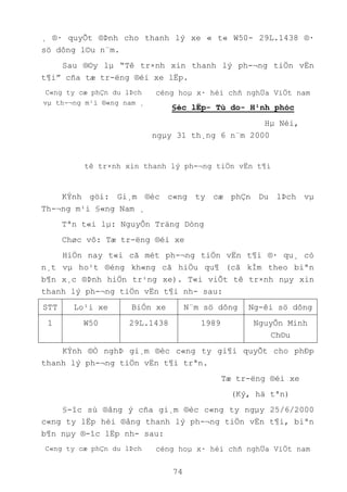 74
¸ ®· quyÕt ®Þnh cho thanh lý xe « t« W50- 29L.1438 ®·
sö dông l©u n¨m.
Sau ®©y lµ “Tê tr×nh xin thanh lý ph­¬ng tiÖn vËn
t¶i” cña tæ tr­ëng ®éi xe lËp.
C«ng ty cæ phÇn du lÞch
vµ th-¬ng m¹i ®«ng nam ¸
céng hoµ x· héi chñ nghÜa ViÖt nam
§éc lËp- Tù do- H¹nh phóc
Hµ Néi,
ngµy 31 th¸ng 6 n¨m 2000
tê tr×nh xin thanh lý ph-¬ng tiÖn vËn t¶i
KÝnh göi: Gi¸m ®èc c«ng ty cæ phÇn Du lÞch vµ
Th-¬ng m¹i §«ng Nam ¸
Tªn t«i lµ: NguyÔn Träng Dòng
Chøc vô: Tæ tr-ëng ®éi xe
HiÖn nay t«i cã mét ph-¬ng tiÖn vËn t¶i ®· qu¸ cò
n¸t vµ ho¹t ®éng kh«ng cã hiÖu qu¶ (cã kÌm theo biªn
b¶n x¸c ®Þnh hiÖn tr¹ng xe). T«i viÕt tê tr×nh nµy xin
thanh lý ph-¬ng tiÖn vËn t¶i nh- sau:
STT Lo¹i xe BiÓn xe N¨m sö dông Ng-êi sö dông
1 W50 29L.1438 1989 NguyÔn Minh
Ch©u
KÝnh ®Ò nghÞ gi¸m ®èc c«ng ty gi¶i quyÕt cho phÐp
thanh lý ph-¬ng tiÖn vËn t¶i trªn.
Tæ tr-ëng ®éi xe
(Ký, hä tªn)
§-îc sù ®ång ý cña gi¸m ®èc c«ng ty ngµy 25/6/2000
c«ng ty lËp héi ®ång thanh lý ph-¬ng tiÖn vËn t¶i, biªn
b¶n nµy ®-îc lËp nh- sau:
C«ng ty cæ phÇn du lÞch céng hoµ x· héi chñ nghÜa ViÖt nam
 