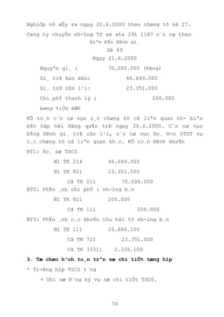 78
NghiÖp vô xÈy ra ngµy 20.6.2000 theo chøng tõ sè 27.
C«ng ty chuyÓn nh-îng TS xe «t« 29L 1187 c¨n cø theo
Biªn b¶n ®Þnh gi¸
Sè 69
Ngµy 21.6.2000
Nguyªn gi¸ : 70.000.000 (®ång)
Gi¸ trÞ hao mßn: 46.649.000
Gi¸ trÞ cßn l¹i: 23.351.000
Chi phÝ thanh lý : 200.000
b»ng tiÒn mÆt
KÕ to¸n c¨n cø vµo c¸c chøng tõ cã liªn quan nh- biªn
b¶n häp héi ®ång qu¶n trÞ ngµy 20.6.2000. C¨n cø vµo
b¶ng ®Þnh gi¸ trÞ cßn l¹i, c¨n cø vµo Ho¸ ®¬n GTGT vµ
c¸c chøng tõ cã liªn quan kh¸c. KÕ to¸n ®Þnh kho¶n
BT1: Xo¸ sæ TSC§
Nî TK 214 46.649.000
Nî TK 821 23.351.000
Cã TK 211 70.000.000
BT2: Ph¶n ¸nh chi phÝ : nh-îng b¸n
Nî TK 821 200.000
Cã TK 111 200.000
BT3: Ph¶n ¸nh c¸c kho¶n thu håi tõ nh-îng b¸n
Nî TK 111 25.686.100
Cã TK 721 23.351.000
Cã TK 33311 2.335.100
3. Tæ chøc h¹ch to¸n trªn sæ chi tiÕt tæng hîp
* Tr-êng hîp TSC§ t¨ng
+ Ghi sæ ®¨ng ký vµ sæ chi tiÕt TSC§.
 