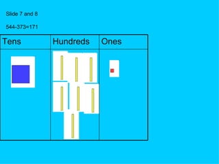 Slide 7 and 8 544-373=171 Ones Hundreds Tens 