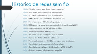 Histórico de redes sem fio
1940 – Primeiro uso da tecnologia spread spectrum
1980 – Aplicações limitadas usando Narrowband
1980 – FCC atribui freqüências para uso comercial
1989 – ISM autoriza uso em 900MHz 2.4GHz e 5 GHz
1989 – Produtos usando 900MHz são produzidos
1990 – IEEE começa a trabalhar em um padrão industrial para WLAN
1994 – Produtos usando 2.4GHZ são produzidos
1994 – Aprovado o padrão IEEE 802.11
1997 – Produtos 2.4GHz começão a roubar a cena
1999 – Ratificação da IEEE 802.11a e 802.11b
1999 – Produtos baseado em 802.11b começam a ser produzidos
2000 – Revolução voz & dados na telefonia celular.
2002 – Revolução banda larga – CableModem, xDSL, VoiceIP...
2004 – Entrada serviços 3G disponíveis ao público.
 