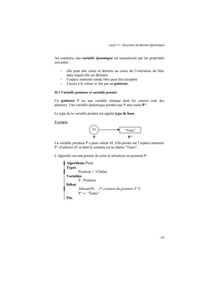 Leçon 11 : Structures de données dynamiques
130
Au contraire, une variable dynamique est caractérisée par les propriétés
suivantes :
- elle peut être créée et détruite au cours de l’exécution du bloc
dans lequel elle est déclarée
- l’espace mémoire rendu libre peut être récupéré
- l’accès à la valeur se fait par un pointeur.
II.1 Variable pointeur et variable pointée
Un pointeur P est une variable statique dont les valeurs sont des
adresses. Une variable dynamique pointée par P sera notée P^.
Le type de la variable pointée est appelé type de base.
Exemple
P P^
La variable pointeur P a pour valeur 43. Elle pointe sur l’espace mémoire
P^ d’adresse 43 et dont le contenu est la chaîne ”Tunis”.
L’algorithe suivant permet de créer et initialiser un pointeur P :
Algorithme Pteur
Types
Pointeur = ^Chaîne
Variables
P : Pointeur
Début
Allouer(P) (* création du pointeur P *)
P^ ← ”Tunis”
Fin.
43 ”Tunis”
 