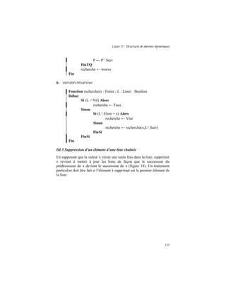 Leçon 11 : Structures de données dynamiques
135
P ← P^.Suiv
FinTQ
recherche ← trouve
Fin
b- version récursive
Fonction recherche(x : Entier ; L : Liste) : Booléen
Début
Si (L = Nil) Alors
recherche ← Faux
Sinon
Si (L^.Elem = x) Alors
recherche ← Vrai
Sinon
recherche ← recherche(x,L^.Suiv)
FinSi
FinSi
Fin
III.5 Suppression d un élément d une liste chaînée
En supposant que la valeur x existe une seule fois dans la liste, supprimer
x revient à mettre à jour les liens de façon que le successeur du
prédécesseur de x devient le successeur de x (figure 18). Un traitement
particulier doit être fait si l’élément à supprimer est le premier élément de
la liste.
 