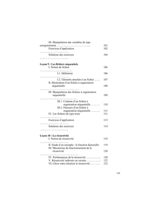 164
III. Manipulation des variables de type
enregistrement ……………………………….. 101
Exercices d’application
…………………………..
102
Solutions des exercices
…………………………..
104
Leçon 9 : Les fichiers séquentiels
I. Notion de fichier
………………………………
106
I.1. Définition
………..………………….
106
I.2. Eléments attachés à un fichier …… 107
II. Déclaration d’un fichier à organisation
séquentielle
…………………………………….
108
III. Manipulation des fichiers à organisation
séquentielle
……………………………………
109
III.1. Création d’un fichier à
organisation séquentielle ………. 110
III.2. Parcours d’un fichier à
organisation séquentielle ………. 111
IV. Les fichiers de type texte
……………………
111
Exercices d’application
…………………………..
113
Solutions des exercices
…………………………..
114
Leçon 10 : La récursivité
I. Notion de récursivité
…………………………..
118
II. Etude d’un exemple : la fonction factorielle 119
III. Mécanisme de fonctionnement de la
récursivité
…………………………………….
120
IV. Performances de la récursivité ……………. 120
V. Récursivité indirecte ou croisée ……………. 122
VI. Choix entre itération et récursivité ……….. 122
 
