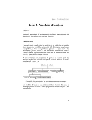 Leçon 6 : Procédures et fonctions
58
Leçon 6 : Procédures et fonctions
Objectif
Appliquer la démarche de programmation modulaire pour construire des
algorithmes structurés en procédures et fonctions.
I. Introduction
Pour maîtriser la complexité d’un problème, il est préférable de procéder
à une conception modulaire qui consiste à le décomposer en plusieurs
sous-problèmes. Ces sous-problèmes peuvent à leurs tours être
décomposés jusqu’à aboutir à des traitements élémentaires simples.
Ensuite, chaque sous-problème sera résolu par un sous-programme qui
peut être une procédure ou une fonction.
A titre d’exemple, un programme de gestion de scolarité peut être
découpé en plusieurs modules : inscription, suivi des absences, examens,
diplômes, etc. (figure 11).
Figure 11. Décomposition d’un programme en sous-programmes
Les modules développés peuvent être réutilisés plusieurs fois dans le
même programme ou dans d’autres programmes une fois intégrés à des
bibliothèques.
Inscription
Saisie des étudiants
Suivi des absences Examens
Attestation d’inscritption
Diplômes
Gestion de scolarité
…
…
 
