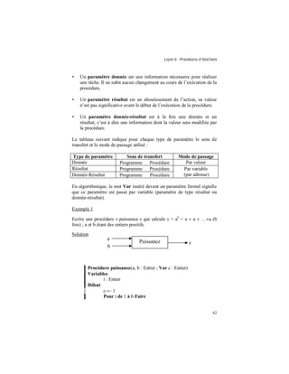 Leçon 6 : Procédures et fonctions
62
• Un paramètre donnée est une information nécessaire pour réaliser
une tâche. Il ne subit aucun changement au cours de l’exécution de la
procédure.
• Un paramètre résultat est un aboutissement de l’action, sa valeur
n’est pas significative avant le début de l’exécution de la procédure.
• Un paramètre donnée-résultat est à la fois une donnée et un
résultat, c’est à dire une information dont la valeur sera modifiée par
la procédure.
Le tableau suivant indique pour chaque type de paramètre le sens de
transfert et le mode de passage utilisé :
Type de paramètre Sens de transfert Mode de passage
Donnée Programme ⇒ Procédure Par valeur
Résultat Programme ⇐ Procédure Par variable
(par adresse)Donnée-Résultat Programme ⇔ Procédure
En algorithmique, le mot Var inséré devant un paramètre formel signifie
que ce paramètre est passé par variable (paramètre de type résultat ou
donnée-résultat).
Exemple 1
Ecrire une procédure « puissance » qui calcule c = ab
= a × a × …×a (b
fois) ; a et b étant des entiers positifs.
Solution
Procédure puissance(a, b : Entier ; Var c : Entier)
Variables
i : Entier
Début
c ← 1
Pour i de 1 à b Faire
Puissance
a
b
c
 