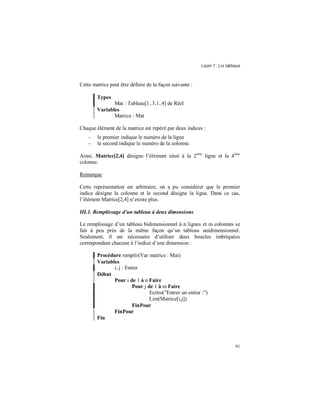 Leçon 7 : Les tableaux
81
Cette matrice peut être définie de la façon suivante :
Types
Mat : Tableau[1..3,1..4] de Réel
Variables
Matrice : Mat
Chaque élément de la matrice est repéré par deux indices :
- le premier indique le numéro de la ligne
- le second indique le numéro de la colonne.
Ainsi, Matrice[2,4] désigne l’élément situé à la 2ème
ligne et la 4ème
colonne.
Remarque
Cette représentation est arbitraire, on a pu considérer que le premier
indice désigne la colonne et le second désigne la ligne. Dans ce cas,
l’élément Matrice[2,4] n’existe plus.
III.1. Remplissage d un tableau à deux dimensions
Le remplissage d’un tableau bidimensionnel à n lignes et m colonnes se
fait à peu près de la même façon qu’un tableau unidimensionnel.
Seulement, il est nécessaire d’utiliser deux boucles imbriquées
correspondant chacune à l’indice d’une dimension :
Procédure remplir(Var matrice : Mat)
Variables
i, j : Entier
Début
Pour i de 1 à n Faire
Pour j de 1 à m Faire
Ecrire(”Entrer un entier :”)
Lire(Matrice[i,j])
FinPour
FinPour
Fin
 