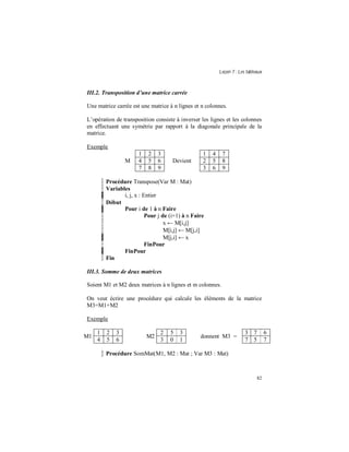 Leçon 7 : Les tableaux
82
III.2. Transposition d une matrice carrée
Une matrice carrée est une matrice à n lignes et n colonnes.
L’opération de transposition consiste à inverser les lignes et les colonnes
en effectuant une symétrie par rapport à la diagonale principale de la
matrice.
Exemple
1 2 3 1 4 7
M 4 5 6 Devient 2 5 8
7 8 9 3 6 9
Procédure Transpose(Var M : Mat)
Variables
i, j, x : Entier
Début
Pour i de 1 à n Faire
Pour j de (i+1) à n Faire
x ← M[i,j]
M[i,j] ← M[j,i]
M[j,i] ← x
FinPour
FinPour
Fin
III.3. Somme de deux matrices
Soient M1 et M2 deux matrices à n lignes et m colonnes.
On veut écrire une procédure qui calcule les éléments de la matrice
M3=M1+M2
Exemple
M1
1 2 3
M2
2 5 3
donnent M3 =
3 7 6
4 5 6 3 0 1 7 5 7
Procédure SomMat(M1, M2 : Mat ; Var M3 : Mat)
 