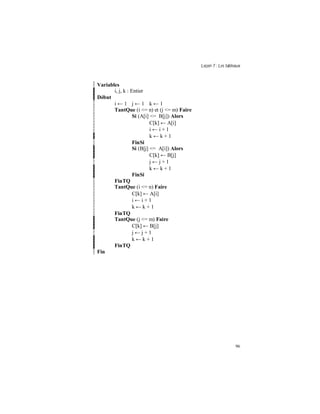 Leçon 7 : Les tableaux
96
Variables
i, j, k : Entier
Début
i ← 1 j ← 1 k ← 1
TantQue (i <= n) et (j <= m) Faire
Si (A[i] <= B[j]) Alors
C[k] ← A[i]
i ← i + 1
k ← k + 1
FinSi
Si (B[j] <= A[i]) Alors
C[k] ← B[j]
j ← j + 1
k ← k + 1
FinSi
FinTQ
TantQue (i <= n) Faire
C[k] ← A[i]
i ← i + 1
k ← k + 1
FinTQ
TantQue (j <= m) Faire
C[k] ← B[j]
j ← j + 1
k ← k + 1
FinTQ
Fin
 