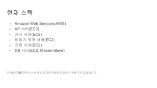 - Amazon Web Services(AWS)
- AP 서버(EC2)
- 캐시 서버(EC2)
- 비동기 워커 서버(EC2)
- 크론 서버(EC2)
- DB 서버(EC2, Master-Slave)
이외에도 DB 프록시 서버 등이 있지만 주제에 집중하기 위해 적지 않았습니다.
현재 스택
 