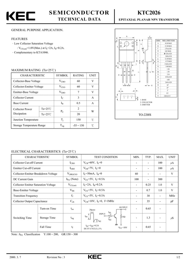 Original Transistor 2SC2026Y KTC2026 C2026 3A 60V TO220 New KEC PDF