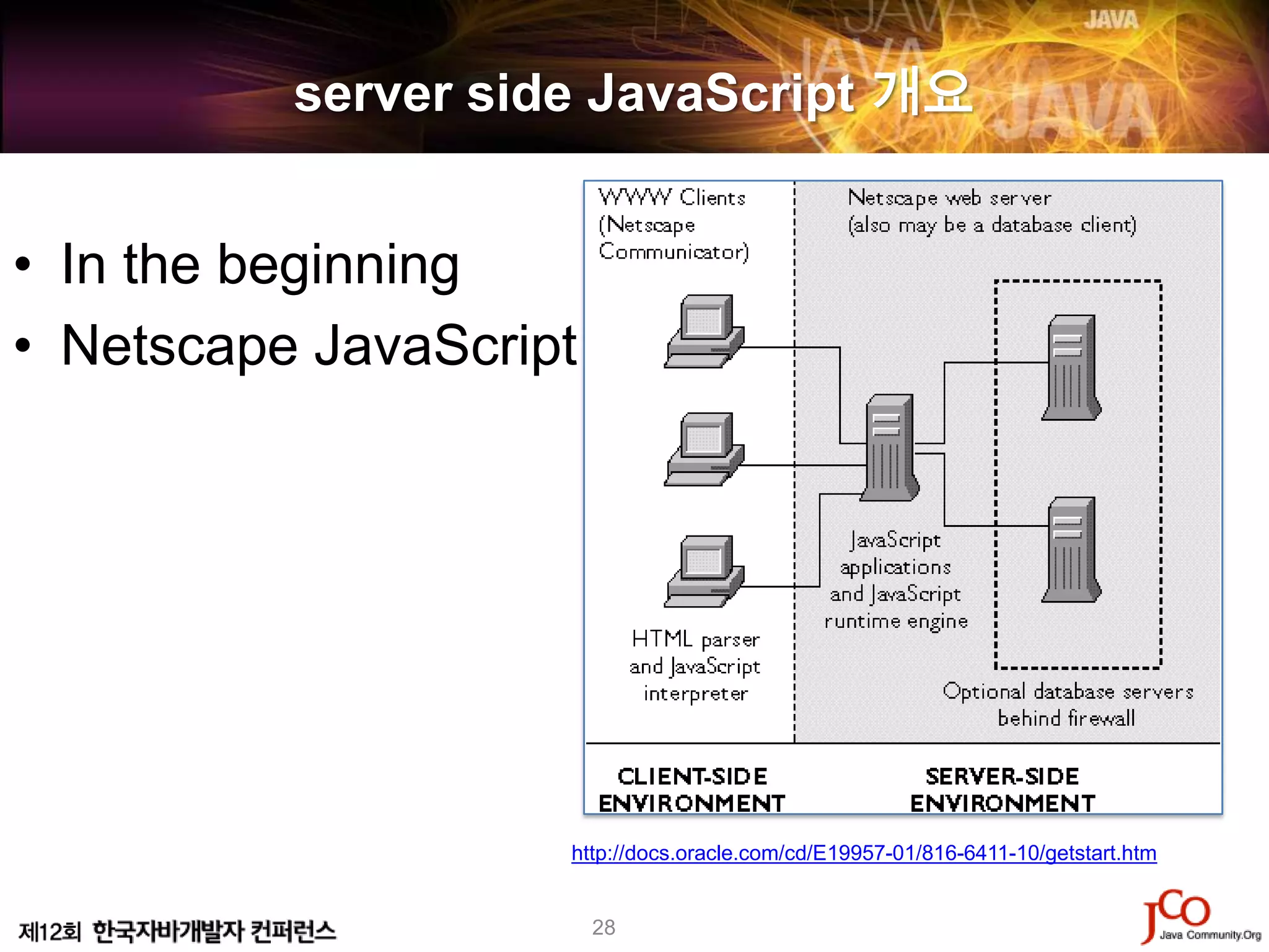 server side JavaScript 개요


• In the beginning
• Netscape JavaScript




                    http://docs.oracle.com/cd/E19957-01/816-6411-10/getstart.htm


                        28
 