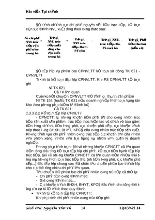 Häc viÖn Tµi chÝnh


      §Ó tÝnh chÝnh x¸c chi phÝ nguyªn vËt liÖu trøc tiÕp, kÕ to¸n
cÇn x¸c ®Þnh NVL xuÊt dïng theo c«ng thøc sau:

Sè chi phÝ      TrÞ gi¸         TrÞ gi¸           TrÞ gi¸ NVL -   TrÞ gi¸ PhÕ
 NVL trùc =   NVL trùc    +
                               NVL trùc
                                             -
 tiÕp cÇn     tiÕp xuÊt                          trùc tiÕp cßn    liÖu thu håi
                              tiÕp cßn l¹i         l¹i cuèi kú      (nÕu cã)
 ph©n bæ       dïng cho         ®Çu kú
 trong kú     s¶n xuÊt
               trong kú



       §Ó tËp hîp vµ ph©n bæ CPNVLTT kÕ to¸n sö dông TK 621 -
CPNVLTT
       Tr×nh tù kÕ to¸n tËp hîp CPNVLTT. Khi PS CPNVLTT kÕ to¸n
ghi
               Nî TK 621
                    Cã TK liªn quan
       Cuèi kú kÕt chuyÓn CPNVLTT ®Ó tÝnh gi¸ thµnh s¶n phÈm
       Nî TK 154 (hoÆc TK 631 nÕu doanh nghiÖp h¹ch to¸n hµng tån
kho theo ph¬ng ph¸p kiÓm kª ®Þnh kú)
                    Cã TK 621
1.3.3.2.2 KÕ to¸n tËp hîp CPNCTT
       - CPNCTT: lµ nh÷ng kho¶n tiÒn ph¶i tr¶ cho c«ng nh©n trùc
tiÕp s¶n xuÊt s¶n phÈm, trùc tiÕp thùc hiÖn lao vô dÞch vô bao gåm:
tiÒn l¬ng chÝnh, tiÒn l¬ng phô, c¸c kho¶n phô cÊp, c¸c kho¶n trÝch
nép theo l¬ng BHXH, BHYT, KPC§ cña c«ng nh©n trùc tiÕp s¶n xuÊt.
Kh«ng tÝnh vµo chi phÝ nh©n c«ng trùc tiÕp c¸c kho¶n trªn cña nh©n
viªn ph©n xëng, nh©n viªn b¸n hµng vµ nh©n viªn qu¶n lý doanh
nghiÖp.
       Ph¬ng ph¸p h¹ch to¸n: §èi víi nh÷ng kho¶n CPNCTT cã liªn quan
®Õn tõng ®èi tîng kÕ to¸n tËp hîp chi phÝ, kÕ to¸n tiÕn hµnh tËp hîp
trùc tiÕp. §èi víi nh÷ng kho¶n CPNCTT cã liªn quan ®Õn nhiÒu ®èi t-
îng mµ kh«ng h¹ch to¸n trùc tiÕp ®îc (nh tiÒn l¬ng phô, c¸c kho¶n phô
cÊp...) ®îc tËp hîp chung sau ®ã chän tiªu chuÈn ph©n bæ thÝch hîp
cho c¸c ®èi tîng chÞu chi phÝ liªn quan.
       Tiªu chuÈn ®Ó ph©n bæ chi phÝ nh©n c«ng trù tiÕp cã thÓ lµ:
       - Chi phÝ tiÒn c«ng ®Þnh møc
       - Giê c«ng ®Þnh møc...
       - C¸c kho¶n trÝch BHXH, BHYT, KPC§ ®îc tÝnh cho tõng ®èi t-
îng c¨n cø tû lÖ trÝch theo quy ®Þnh.
    • Tr×nh tù kÕ to¸n tËp hîp CPNCTT:
       Khi ph¸t sinh chi phÝ nh©n c«ng trùc tiÕp ghi:

Sinh viªn: NguyÔn ThÞ Th             14                      LípK39-21.14
 