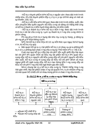 Häc viÖn Tµi chÝnh


         - KÕ to¸n thµnh phÈm kiªm kÕ to¸n nguån vèn: theo dâi t×nh h×nh
  nhËp kho, tiªu thô thµnh phÈm lËp c¸c b¸o c¸o tµi chÝnh øng víi mét sè
  tµi kho¶n: 155, 511.
         - KÕ to¸n vËt liÖu kiªm thñ quü: theo dâi t×nh h×nh nhËp, xuÊt, tån
  vËn chuyÓn b¶o qu¶n nguyªn vËt liÖu c«ng cô dông cô ®ång thêi cïng
  víi kÕ to¸n thanh to¸n tiÕn hµnh theo dâi thu chi tiÒn mÆt
         - KÕ to¸n thanh to¸n kiªm kÕ to¸n tiÒn l¬ng: theo dâi t×nh h×nh
  h¹ch to¸n néi bé cña c«ng ty. Lµm vµ thanh to¸n l¬ng cho c«ng nh©n ë
  ph©n xëng.
          Ph¬ng ph¸p h¹ch to¸n hµng tån kho mµ c«ng ty ®ang ¸p dông lµ
  ph¬ng ph¸p kª khai thêng xuyªn
          Niªn ®é kÕ to¸n b¾t ®Çu tõ 1/1 vµ kÕt thóc vµo ngµy 31/12 hµng
  n¨m, kú kÕ to¸n lµ quý.
       • Mèi quan hÖ gi÷a c¸c bé phËn kÕ to¸n víi nhau vµ gi÷a phßng kÕ
  to¸n víi c¸c phßng ban chøc n¨ng cña c«ng ty( ThÓ hiÖn trªn s¬ ®å 2.3).
          Cuèi mçi quý kÕ to¸n tËp hîp chi phÝ s¶n xuÊt ph¶i tËp hîp toµn
  bé chi phÝ liªn quan ®Õn sè liÖu mµ bé phËn kÕ to¸n liªn quan kh¸c
  cung cÊp: kÕ to¸n nguyªn vËt liÖu cung cÊp vÒ chi phÝ nguyªn vËt liÖu
  s¶n xuÊt, kÕ to¸n c«ng nî cung cÊp sè liÖu vÒ chi phÝ dÞch vô mua
  ngoµi ph¶i tr¶ ngêi cung cÊp, kÕ to¸n lao ®éng tiÒn l¬ng cung cÊp sè
  liÖu vÒ chi phÝ l¬ng cña ®éi ngò tham gia s¶n xuÊt.
          Nh×n chung bé m¸y kÕ to¸n cña c«ng ty TNHH HiÖp Hng t¬ng
  ®èi gän nhÑ. Mçi bé phËn chøc n¨ng cã quyÒn h¹n, tr¸ch nhiÖm riªng vµ
  cã mèi quan hÖ chÆt chÏ víi nhau trong ph¹m vi chøc n¨ng cña m×nh…

               S¬ ®å 2.3 Bé m¸y kÕ to¸n cña c«ng ty THNN HiÖp Hng.

                              KÕ to¸n tr­ëng




   KÕ to¸n           KÕ to¸n       KÕ to¸n tµi        KÕ toµn          KÕ to¸n
 thanh to¸n       thµnh phÈm      s¶n cè ®Þnh       ng©n hµng,        nguyªn vËt
kiªm kÕ to¸n      kiªm kÕ to¸n     vµ tËp hîp      thuÕ kiªm kÕ     liÖu kiªm thñ
 tiÒn l­¬ng        nguån vèn      chi phÝ tÝnh      to¸n c«ng nî         quü
                                      tæng


                                  Thèng kÕ          Thèng kª
       Quan hÖ chØ ®¹o           ph©n x­ëng        ph©n x­ëng
       Quan hÖ cung c©p sè          c¾t             may, thªu
liÖu


  Sinh viªn: NguyÔn ThÞ Th           32                       LípK39-21.14
 