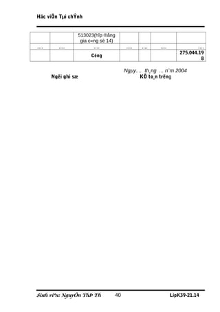 Häc viÖn Tµi chÝnh


                 513023(hîp ®ång
                  gia c«ng sè 14)
....      ....         ....           ....   ....   ....              ....
                                                               275.044.19
                      Céng
                                                                        8

                                     Ngµy.... th¸ng ... n¨m 2004
       Ngêi ghi sæ                          KÕ to¸n trëng




Sinh viªn: NguyÔn ThÞ Th        40                         LípK39-21.14
 