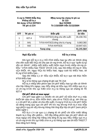 Häc viÖn Tµi chÝnh



 C«ng ty TNHH HiÖp Hng             B¶ng tæng hîp chøng tõ ghi sæ
      Phßng kÕ to¸n                           Sè 123
 Néi dung: trÝch KHTSC§                     Quý IV/2004
      TK ghi cã 214                Tõ 1/10/2004 ®Õn 31/12/2004

                                                                §VT: VN§
 STT     TK ghi nî                 DiÔn gi¶i                    Sè tiÒn
                       TrÝch KHTSC§ dïng cho s¶n xuÊt          35.230.761
  1       627.4
                                   chung
  2        641         TrÝch KHTSC§ dïng cho b¸n hµng           5.063.382
  3        642                 TrÝch KHTSC§                    10.847.421
                       Tæng céng                               51.141.564

       Ngêi lËp biÓu                           KÕ to¸n trëng

       Khi lµm kÕ to¸n m¸y ®Ó tÝnh khÊu hao tµi s¶n cè ®Þnh dïng
cho s¶n xuÊt bÊt ®Çu tõ cña sæ ch¬ng tr×nh, kÕ to¸n vµo “qu¶n lý tµi
s¶n cè ®Þnh”, nhËp mËt khÈu xuÊt hiÖn mµn h×nh nhËp nh÷ng d÷
liÖu “ trÝch khÊu hao TSC§” (H×nh 2.6), sau ®ã nhËp nh÷ng d÷ liÖu
cÇn thiÕt, nh: ngµy ®Çu kú khÊu hao, ngµy cuèi kú khÊu hao, sè
th¸ng trÝch khÊu hao...
       Sau khi nhËp c¸c d÷ liÖu cÇn thiÕt, kÕ to¸n vµo nót thùc hiÖn
trÝch khÊu hao
       M¸y sÏ tù ®éng vµo chøng tõ ghi sæ TK 214
       KÕ to¸n nhËp b¶n ph©n bæ chi phÝ khÊu hao tµi s¶n cè ®Þnh
cho hîp ®ång bªn ngoµi, sau ®Êy dïng sè liÖu nµy ®Ó nhËp vµo m¸y
víi ch¬ng tr×nh ®îc cµi ®Æt s½n m¸y tù ®éng vµo sè chøng tõ TK
627.4
       Chi phÝ dÞch vô mua ngoµi
       Chi phÝ bao gåm c¸c kho¶n nh chi phÝ vÒ tiÒn thuª m¸y mãc
thiÕt bÞ söa ch÷a, tiÒn ®iÖn tho¹i, söa ch÷a TSC§ cã gi¸ trÞ nhá vµ
c¸c chi phÝ kh¸c phôc vô cho s¶n xuÊt. C«ng ty h¹ch to¸n chi phÝ ®iÖn
sö dông trong quý vµo chi phÝ tr¶ tríc mµ kh«ng h¹ch to¸n trùc tiÕp
vµo phÇn nµy,nh vËy kh«ng ®óng ®èi tîng tËp hîp chi phÝ (xem phÇn
kiÕn nghÞ )
       KÕ to¸n c¨n cø vµo c¸c chøng tõ nh phiÕ chi tiÒn mÆt b¶ng
thanh to¸n lîng s¶n phÈm... ®Ó lËp b¶ng ph©n bæ chi phÝ dÞch vô
mua ngoµi cho tõng hîp ®ång cña tõng th¸ng sau ®Êy nhËp vµo m¸y
víi ch¬ng tr×nh ®îc cµi ®Æt s½n m¸y tù ®éng vµo sæ chi tiÕt TK627.7
theo tõng ho¹t ®éng

Sinh viªn: NguyÔn ThÞ Th         65                       LípK39-21.14
 