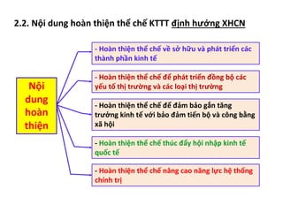 2.2. Nội dung hoàn thiện thể chế KTTT định hướng XHCN
Nội
dung
hoàn
thiện
- Hoàn thiện thể chế về sở hữu và phát triển các
thành phần kinh tế
- Hoàn thiện thể chế để phát triển đồng bộ các
yếu tố thị trường và các loại thị trường
- Hoàn thiện thể chế để đảm bảo gắn tăng
trưởng kinh tế với bảo đảm tiến bộ và công bằng
xã hội
- Hoàn thiện thể chế thúc đẩy hội nhập kinh tế
quốc tế
- Hoàn thiện thể chế nâng cao năng lực hệ thống
chính trị
 