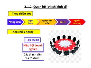 3.1.2. Quan hệ lợi ích kinh tế
Theo chiều dọc
Nông dân
Người bán
buôn
Đại lý
Theo chiều ngang
Hợp tác xã
Ngân
hàng
Người
tiêu thụ
Hiệp hội doanh
nghiệp
Các thành viên
của tổ chức…
 