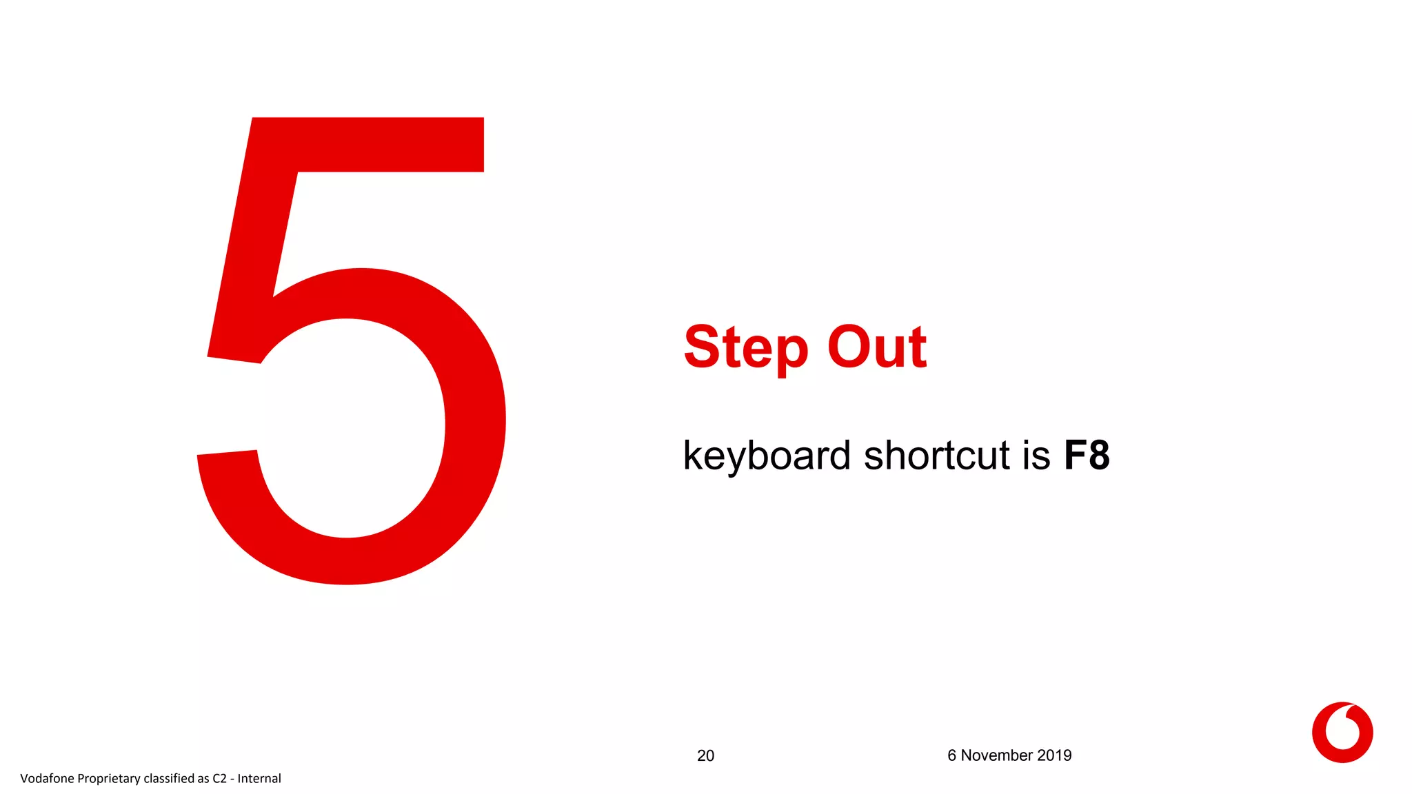 Vodafone Proprietary classified as C2 - Internal
Step Out
20 6 November 2019
keyboard shortcut is F8
 