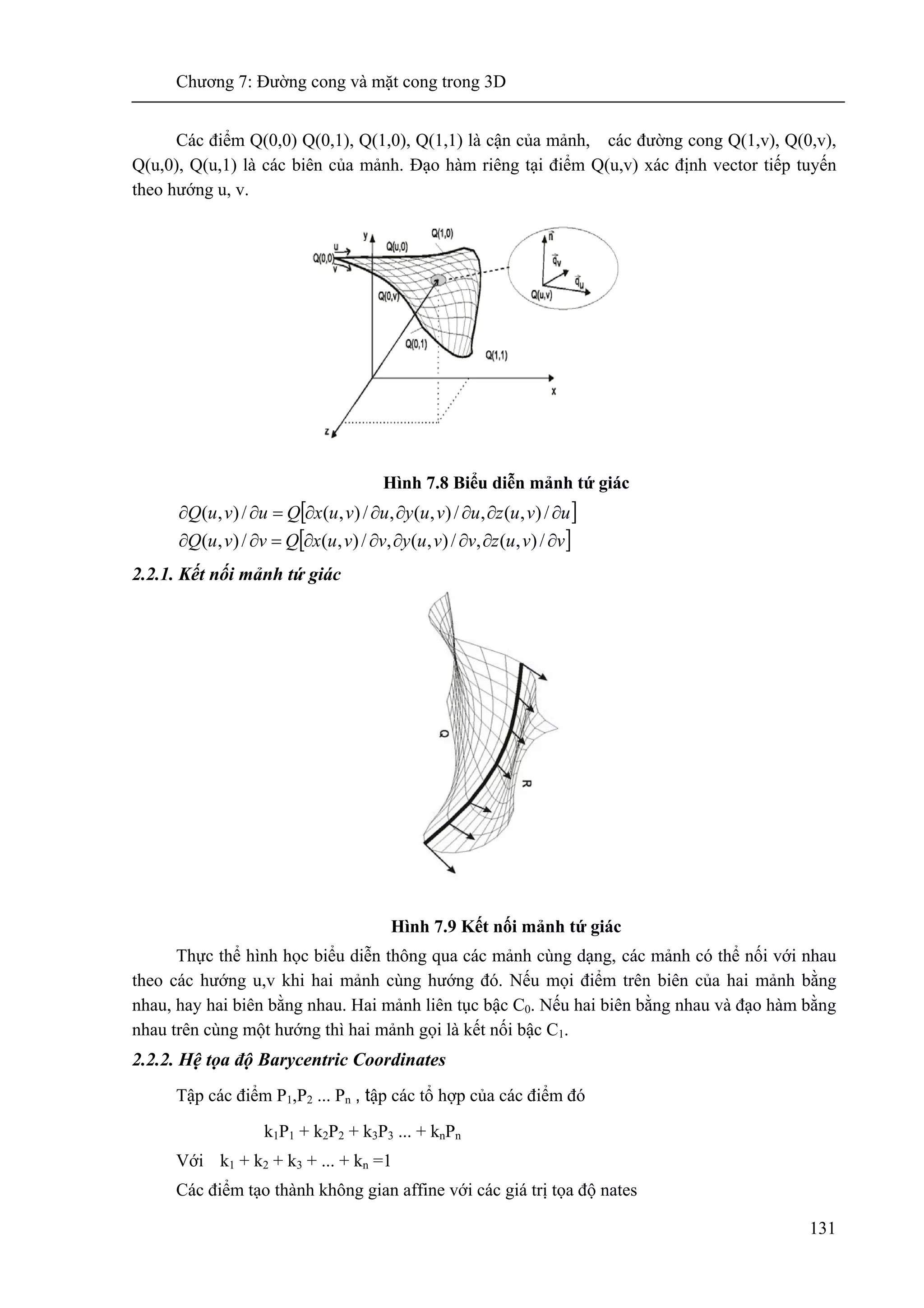 Chương 7: Đường cong và mặt cong trong 3D
131
Các điểm Q(0,0) Q(0,1), Q(1,0), Q(1,1) là cận của mảnh, các đường cong Q(1,v), Q(0,v),
Q(u,0), Q(u,1) là các biên của mảnh. Đạo hàm riêng tại điểm Q(u,v) xác định vector tiếp tuyến
theo hướng u, v.
Hình 7.8 Biểu diễn mảnh tứ giác
[ ]
[ ]vvuzvvuyvvuxQvvuQ
uvuzuvuyuvuxQuvuQ
∂∂∂∂∂∂=∂∂
∂∂∂∂∂∂=∂∂
/),(,/),(,/),(/),(
/),(,/),(,/),(/),(
2.2.1. Kết nối mảnh tứ giác
Hình 7.9 Kết nối mảnh tứ giác
Thực thể hình học biểu diễn thông qua các mảnh cùng dạng, các mảnh có thể nối với nhau
theo các hướng u,v khi hai mảnh cùng hướng đó. Nếu mọi điểm trên biên của hai mảnh bằng
nhau, hay hai biên bằng nhau. Hai mảnh liên tục bậc C0. Nếu hai biên bằng nhau và đạo hàm bằng
nhau trên cùng một hướng thì hai mảnh gọi là kết nối bậc C1.
2.2.2. Hệ tọa độ Barycentric Coordinates
Tập các điểm P1,P2 ... Pn , tập các tổ hợp của các điểm đó
k1P1 + k2P2 + k3P3 ... + knPn
Với k1 + k2 + k3 + ... + kn =1
Các điểm tạo thành không gian affine với các giá trị tọa độ nates
 