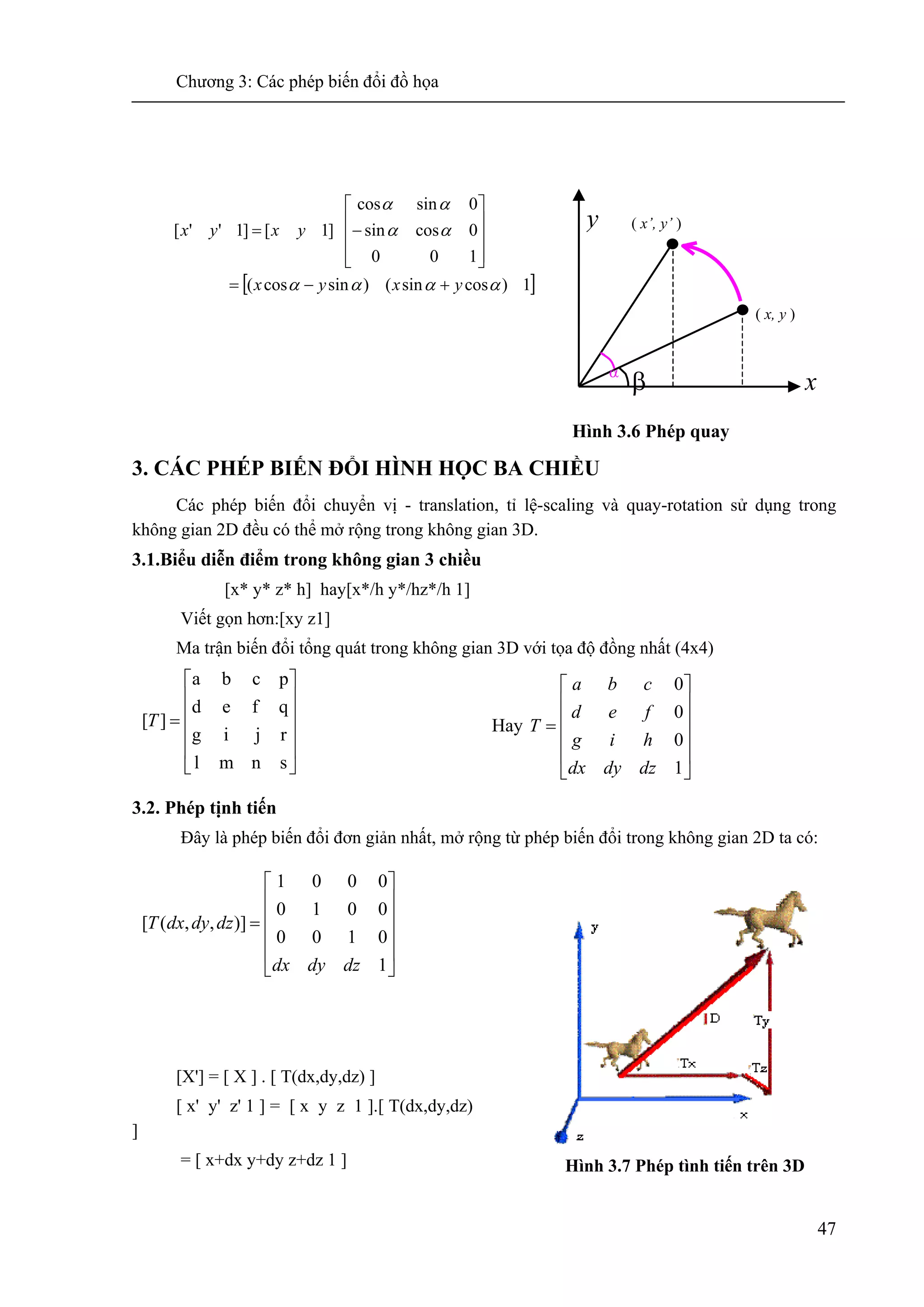 Chương 3: Các phép biến đổi đồ họa
47
Hình 3.6 Phép quay
3. CÁC PHÉP BIẾN ĐỔI HÌNH HỌC BA CHIỀU
Các phép biến đổi chuyển vị - translation, tỉ lệ-scaling và quay-rotation sử dụng trong
không gian 2D đều có thể mở rộng trong không gian 3D.
3.1.Biểu diễn điểm trong không gian 3 chiều
[x* y* z* h] hay[x*/h y*/hz*/h 1]
Viết gọn hơn:[xy z1]
Ma trận biến đổi tổng quát trong không gian 3D với tọa độ đồng nhất (4x4)
Hay
⎥
⎥
⎥
⎥
⎦
⎤
⎢
⎢
⎢
⎢
⎣
⎡
=
1
0
0
0
dzdydx
hig
fed
cba
T
3.2. Phép tịnh tiến
Đây là phép biến đổi đơn giản nhất, mở rộng từ phép biến đổi trong không gian 2D ta có:
[X'] = [ X ] . [ T(dx,dy,dz) ]
[ x' y' z' 1 ] = [ x y z 1 ].[ T(dx,dy,dz)
]
= [ x+dx y+dy z+dz 1 ] Hình 3.7 Phép tình tiến trên 3D
[ ]1)cossin()sincos(
100
0cossin
0sincos
]1[]1''[
αααα
αα
αα
yxyx
yxyx
+−=
⎥
⎥
⎥
⎦
⎤
⎢
⎢
⎢
⎣
⎡
−=
y
( x, y )
xβα
( x’, y’ )
⎥
⎥
⎥
⎥
⎦
⎤
⎢
⎢
⎢
⎢
⎣
⎡
=
snml
rjig
qfed
pcba
][T
⎥
⎥
⎥
⎥
⎦
⎤
⎢
⎢
⎢
⎢
⎣
⎡
=
1
0100
0010
0001
)],,([
dzdydx
dzdydxT
 