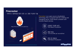 Firecracker
https://firecracker-microvm.github.io/
https://aws.amazon.com/ko/blogs/opensource/firecracker-open-source-secure-fast-microvm-serverless/
Firecracker is an open-source virtualization
technology that is purpose-built for creating and
managing secure, multi-tenant container and
function-based services.
강화된 가상화 보안
KVM-Based Virtualization
빠른 배포
150 microVMs per second/host
확장 및 효율성
KVM-Based Virtualization
서버리스 컴퓨팅을 위한 오픈 소스 경량 가상화 기술
 