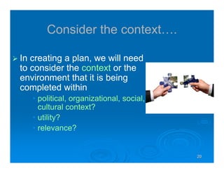 20202020
Consider the context….
In creating a plan, we will need
to consider the context or the
environment that it is being
completed within
• political, organizational, social,
cultural context?
• utility?
• relevance?
 