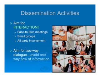 31313131
Dissemination Activities
Aim for
INTERACTION!!
Face-to-face meetings
Small groups
All party involvement
Aim for two-way
dialogue---avoid one
way flow of information
 