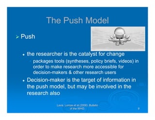 Lavis, Lomas et al (2006). BulletinLavis, Lomas et al (2006). Bulletin
of the WHO.of the WHO. 99
The Push Model
Push
the researcher is the catalyst for change
• packages tools (syntheses, policy briefs, videos) in
order to make research more accessible for
decision-makers & other research users
Decision-maker is the target of information in
the push model, but may be involved in the
research also
 