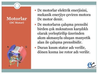 Motorlar
(DC Motor)
 Dc motorlar elektrik enerjisini,
mekanik enerjiye çeviren motora
Dc motor denir.
 Dc motorların çalıĢma prensibi
birden çok mıknatısın karĢılıklı
olarak yerleĢtirilip üzerinden
akım akmasıyla oluĢan manyetik
alan ile çalıĢma prensibidir.
 Duran kısım stator adı verilir,
dönen kısma ise rotor adı verilir.
 