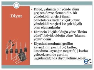 Diyot
 Diyot, yalnızca bir yönde akım
geçiren devre elemanıdır. Bir
yöndeki dirençleri ihmal
edilebilecek kadar küçük, öbür
yöndeki dirençleri ise çok büyük
olan elemanlardır
 Direncin küçük olduğu yöne "iletim
yönü", büyük olduğu yöne "tıkama
yönü" denir.
 Diyodun anoduna, gerilim
kaynağının pozitif (+) kutbu,
katoduna kaynağın negatif (-) kutbu
gelecek Ģekilde gerilim
uygulandığında diyot iletime geçer.
 